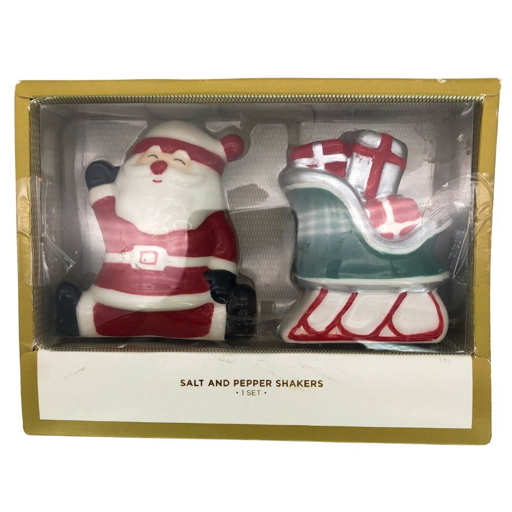 Earthenware Salt Pepper Shakers for Christmas - Santa Claus & Sleigh NEW IN BOX